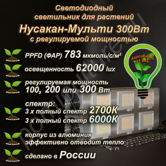 300Вт "Нусакан-Мульти" Мультиспектральный фитосветильник для растений полного спектра с регулируемой мощностью 300Вт "Нусакан-Мульти" Мультиспектральный фитосветильник для растений полного спектра с регулируемой мощностью